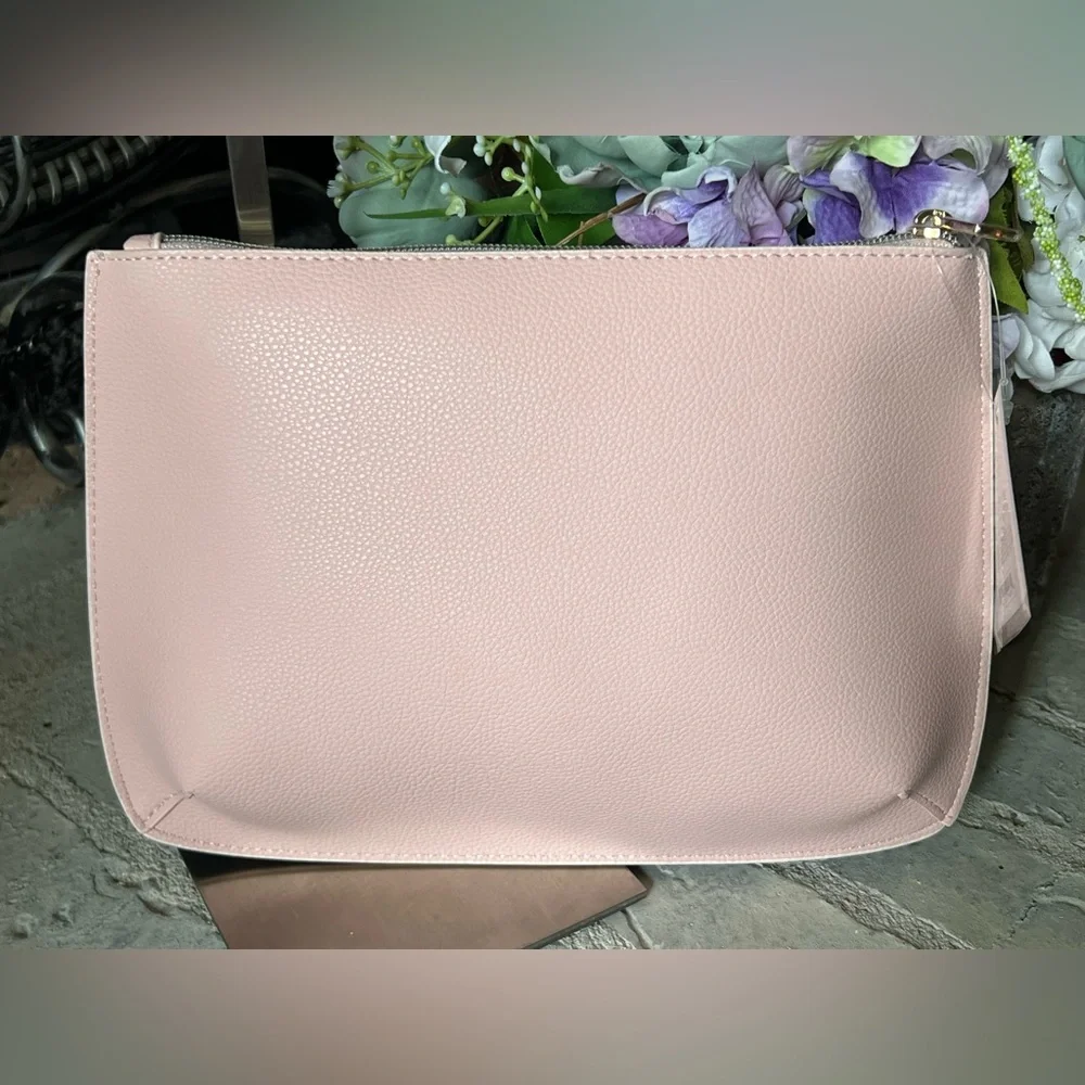 Monique Lhuillier Blush Pink Pebbled Faux Leather Cosmetic Toiletry Clutch NEW
